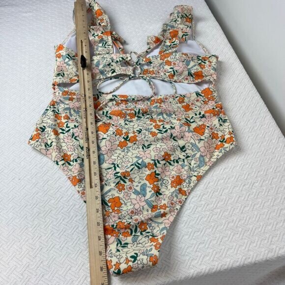 Women's 2XL XXL Orange White Floral Open Back One Piece Swimsuit Swimwear Frill - Picture 13 of 13